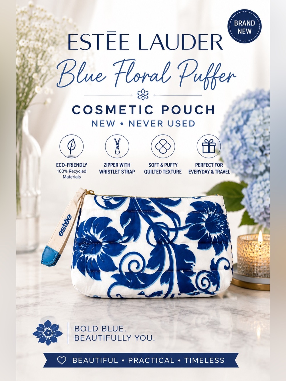 Estée Lauder Blue Floral Puffer Cosmetic Bag Makeup Pouch New 9.5x6